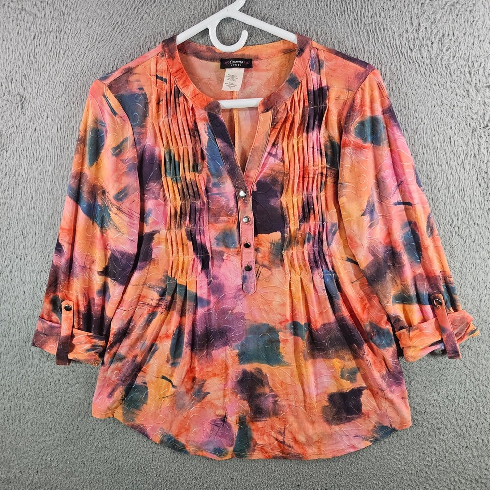 Cocomo Petite Womens Abstract Pintuck Blouse 3/4 Sleeve Multi-Color Size PS